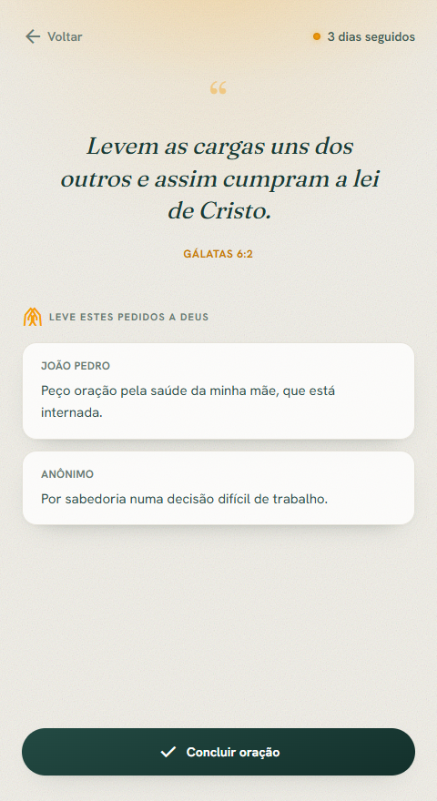 Momento de oração com versículo do dia e pedidos para interceder