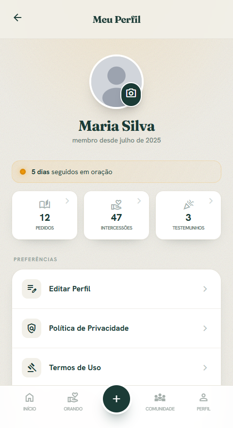 Perfil do usuário com sequência de oração e estatísticas